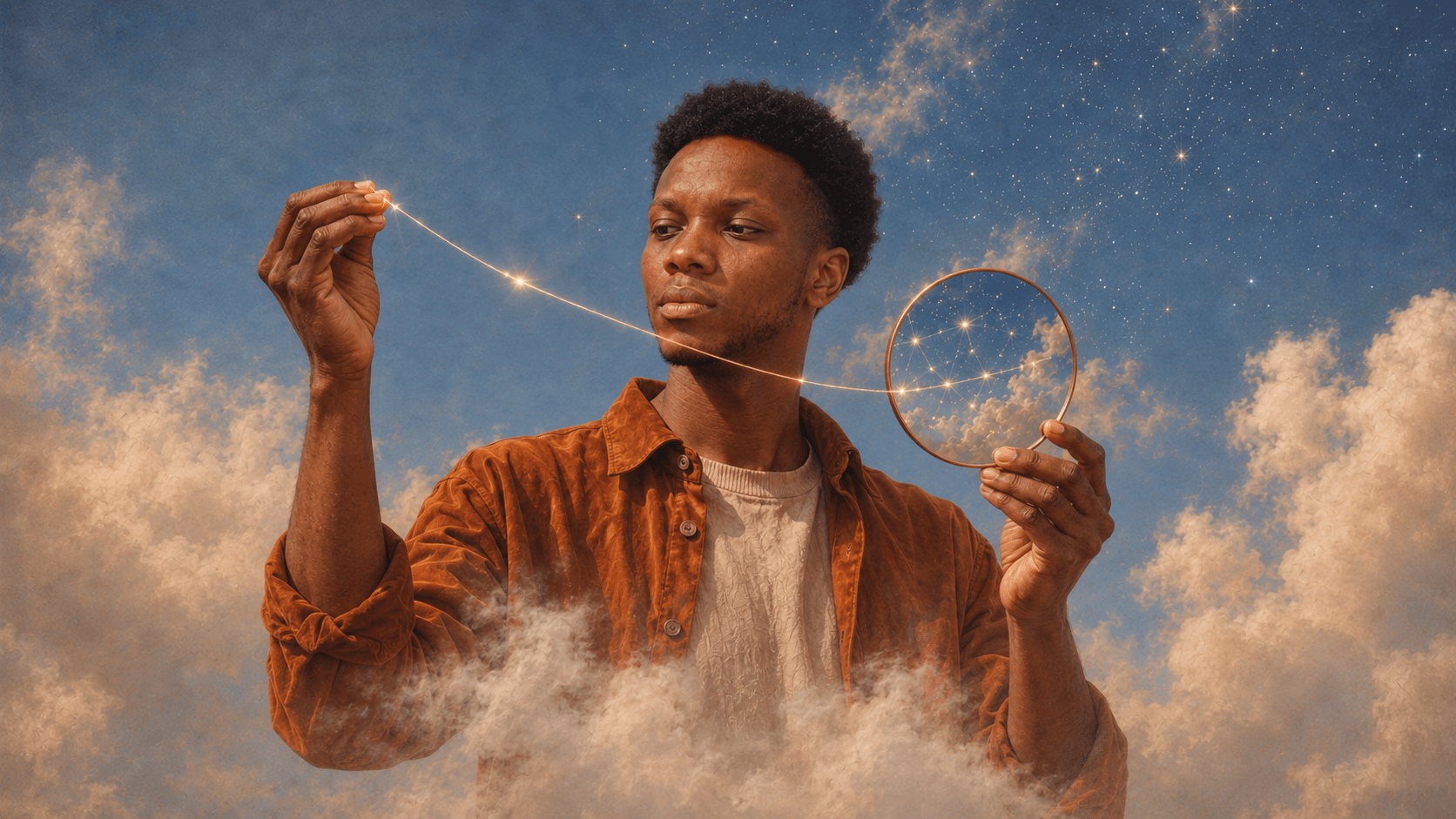AI-generated close portrait of James holding a mirror reflecting connected stars