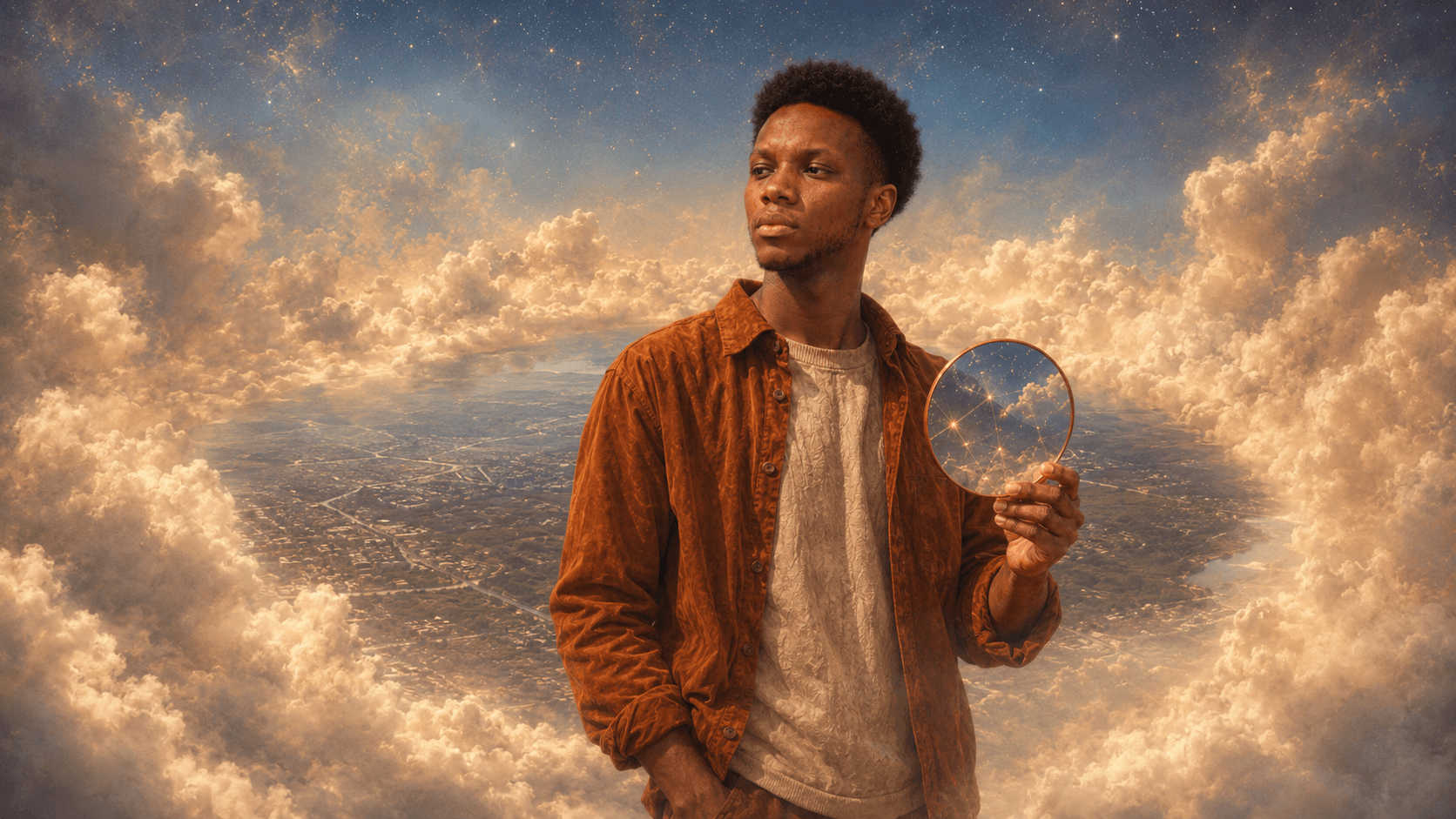 AI-generated portrait of James standing above clouds holding a mirror